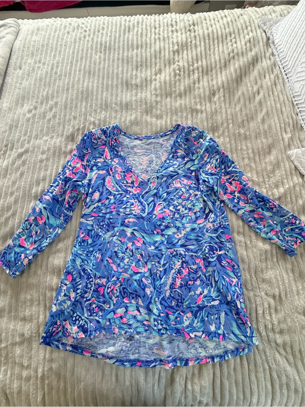 Lilly Pulitzer Blue Floral V-Neck Tunic with Pink Accents